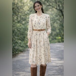 Vintage Maggie London 100% Silk Floral Midi Dress Long Sleeve Size 10